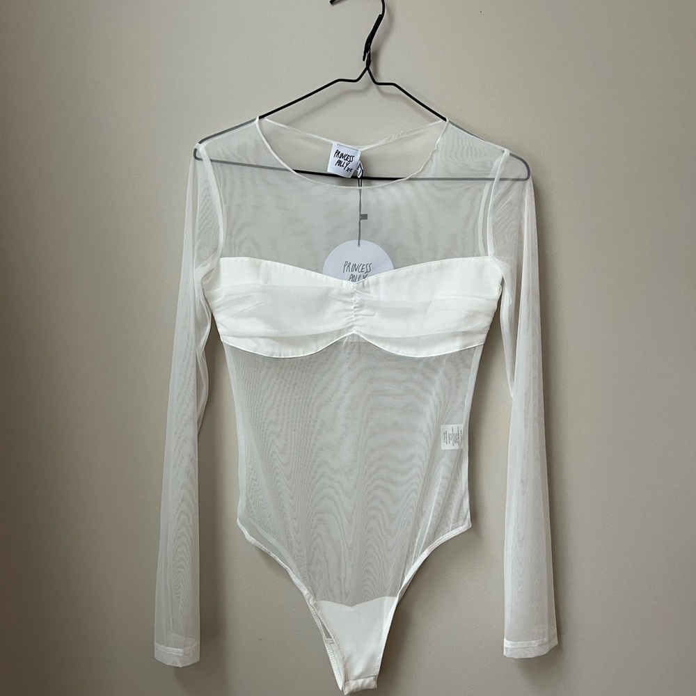 Princess Polly White Sheer Long Sleeve Bodysuit NWT
